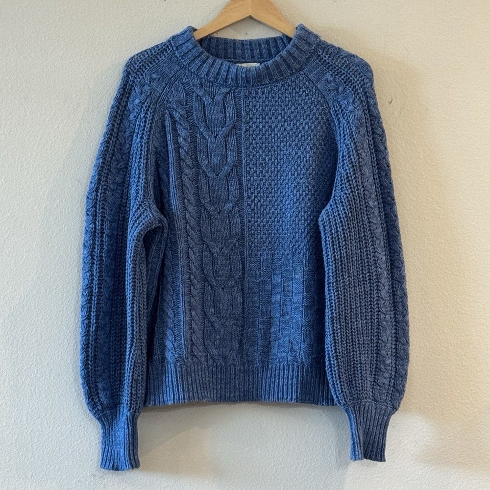 Sundance Womens XL Blue Cable Knit Sweater Cotton Boho Textured Balloon Sleeve